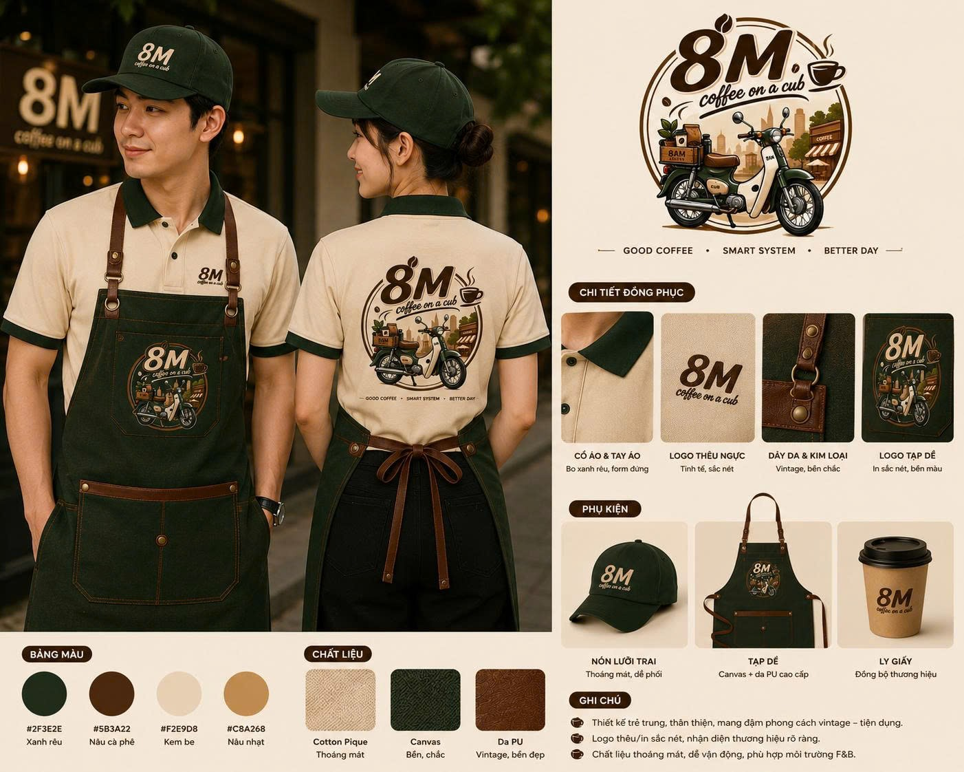 Bộ nhận diện đồng phục, phụ kiện và bảng màu 8M Coffee